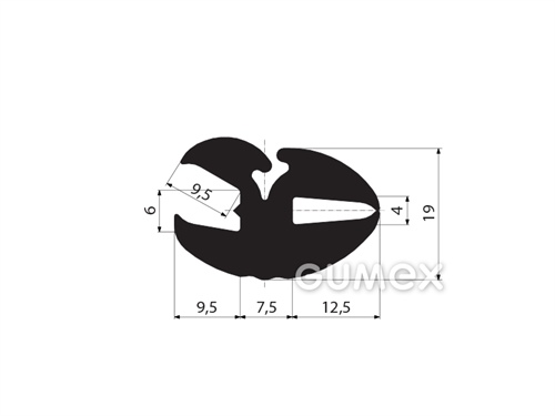 Gumový profil do okien dopravných prostriedkov, 19x29,5/6/4mm, odporúčaný klinok 00598001, 70°ShA, EPDM, -40°C/+100°C, čierny